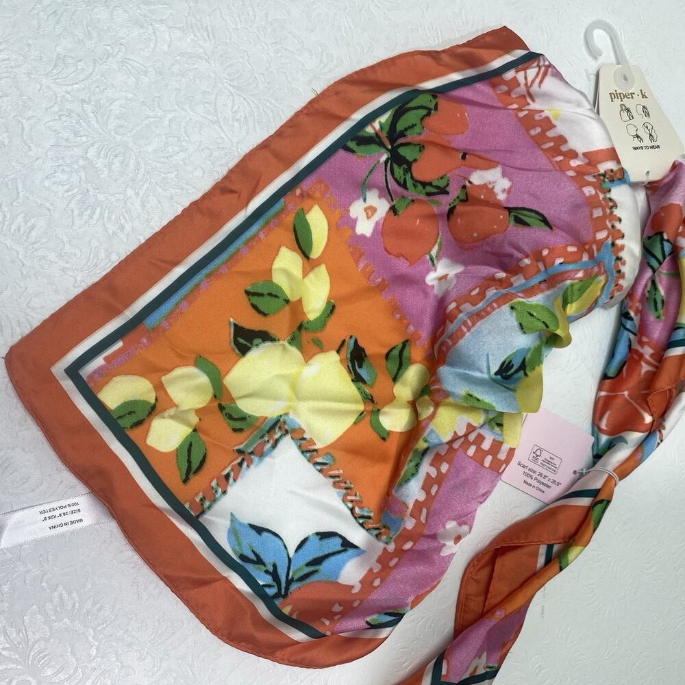 Piper K Scarf Lemons Tomato Citrus Retro Patchwork Vibrant Satin Feel NEW 26x26